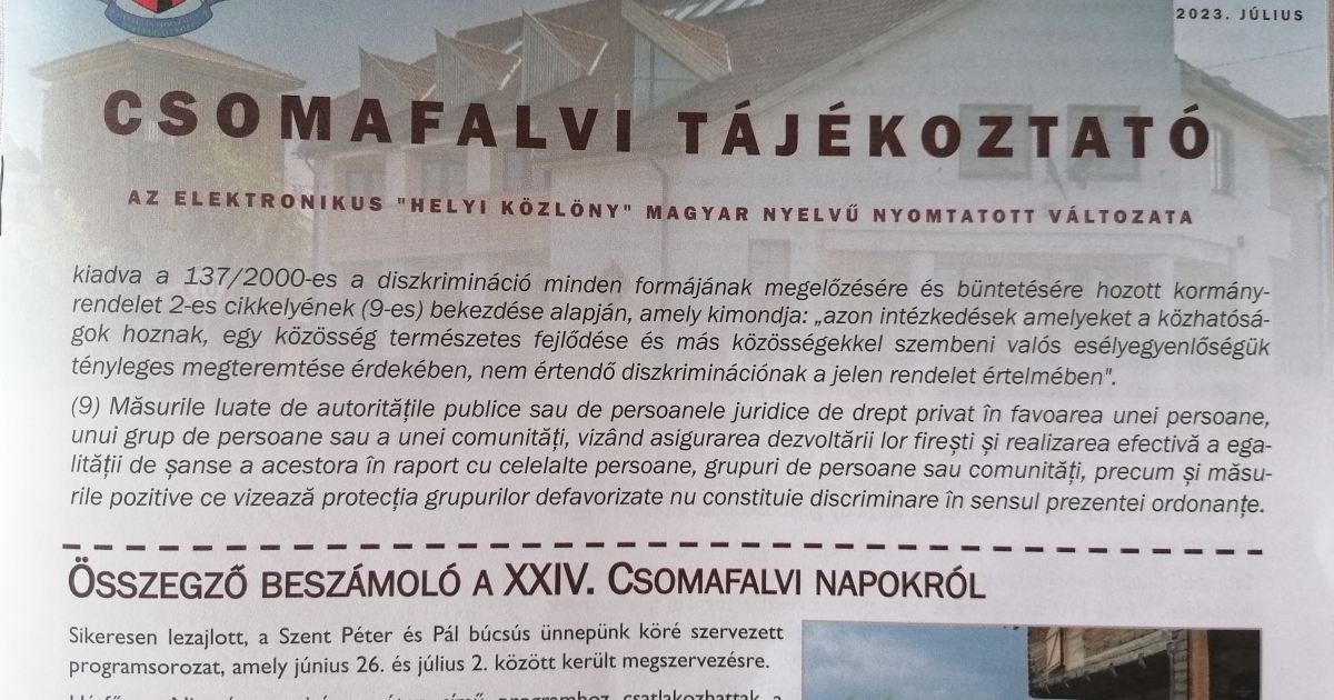 A bíróság szerint diszkrimináció, hogy Gyergyócsomafalván csak magyar nyelven jelenik meg a helyi hírlap