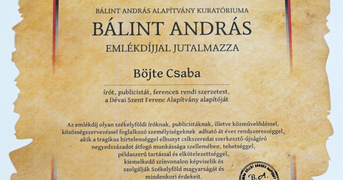 A Hargita Népe ajánlja: BÁLINT ANDRÁS-DÍJKIOSZTÓ