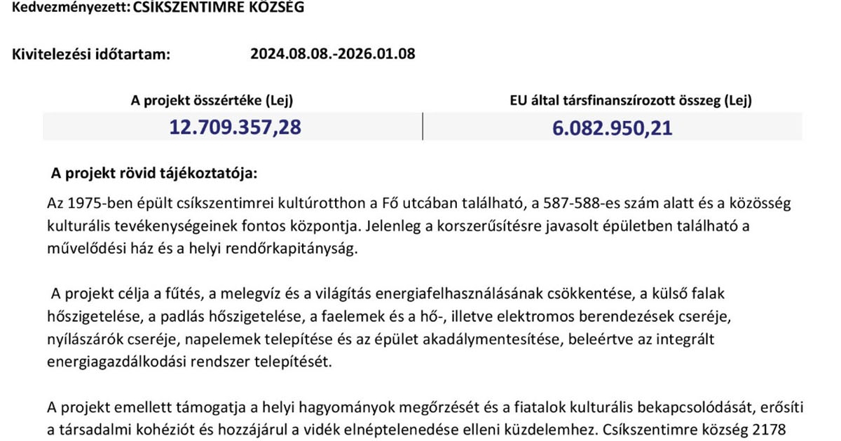 A csíkszentimrei kultúrotthon korszerűsítésére indított projekt kezdeti fázisáról