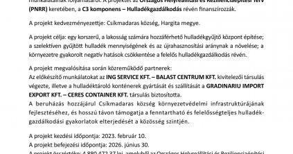 Önkéntes hozzájárulású hulladékgyűjtő központ építése Csíkmadaras község területén
