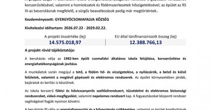 A Gyergyócsomafalvi Köllő Miklós Általános Iskola hőszigetelésének felújítása és energiafogyasztásának csökkentése integrált korszerűsítés révén